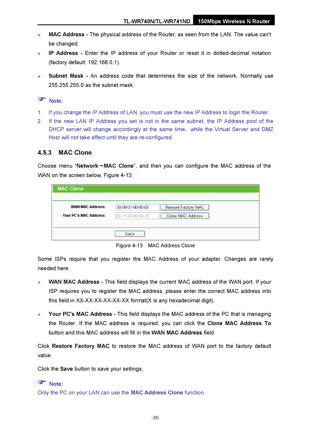 TP-Link TL-WR741ND manual MAC Clone, MAC Address Clone 