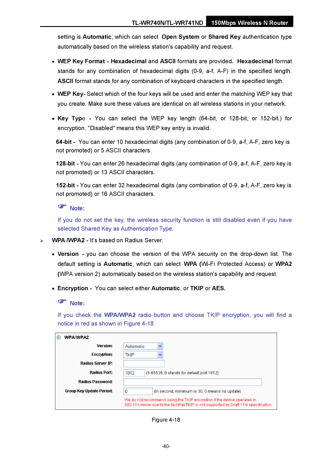 TP-Link TL-WR741ND manual Encryption You can select either Automatic, or Tkip or AES 