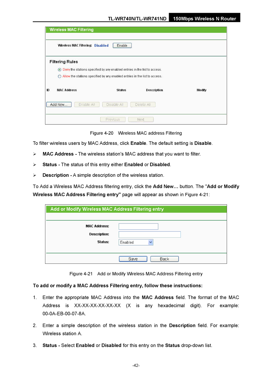 TP-Link TL-WR741ND manual Wireless MAC address Filtering 