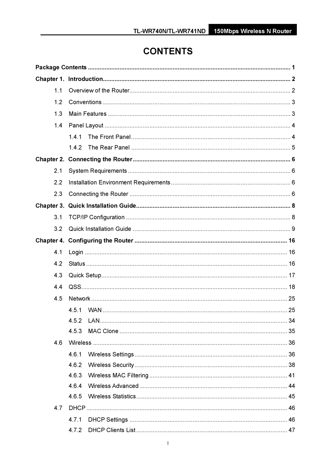 TP-Link TL-WR741ND manual Contents 