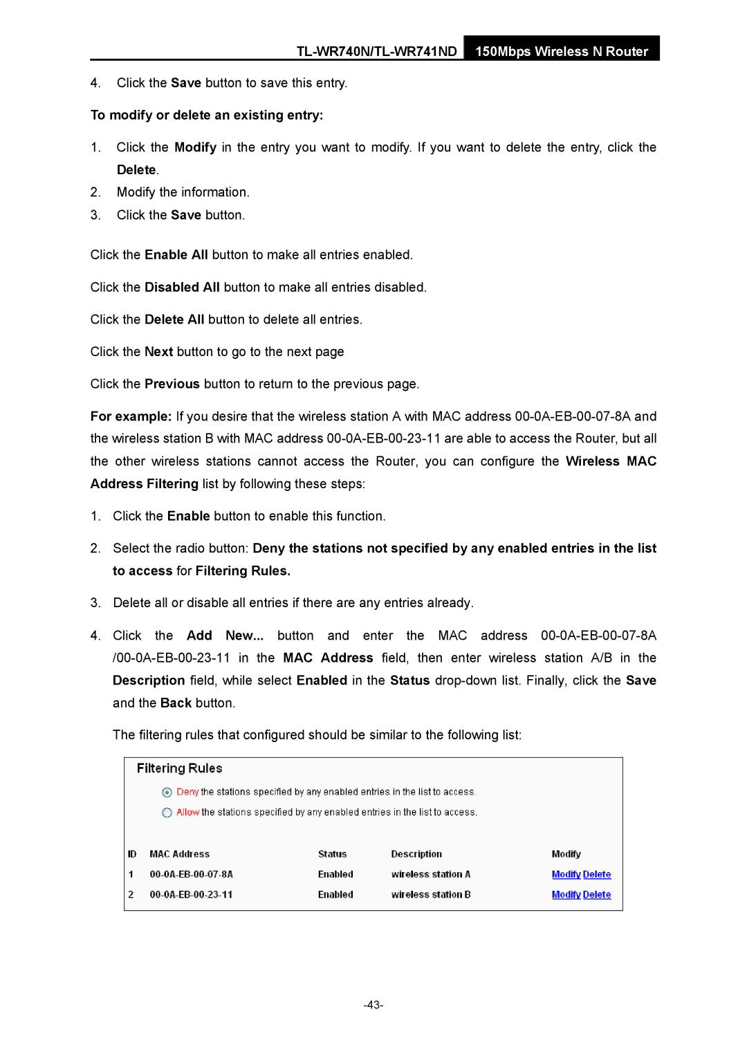 TP-Link TL-WR741ND manual To modify or delete an existing entry 