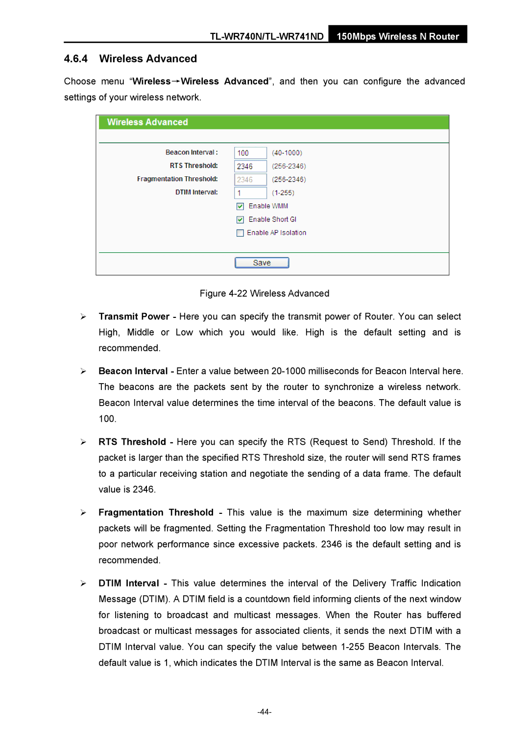 TP-Link TL-WR741ND manual Wireless Advanced 