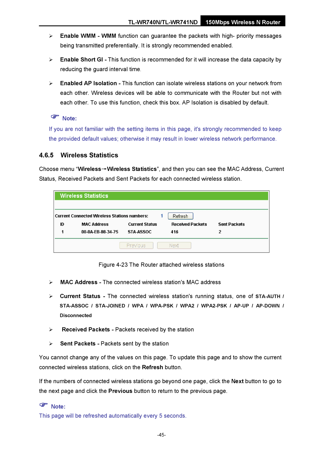 TP-Link TL-WR741ND manual Wireless Statistics 