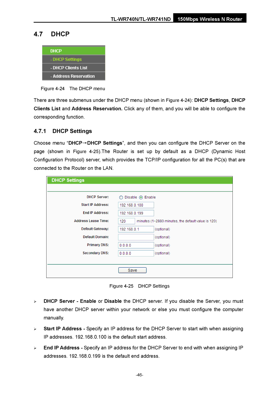 TP-Link TL-WR741ND manual Dhcp Settings 