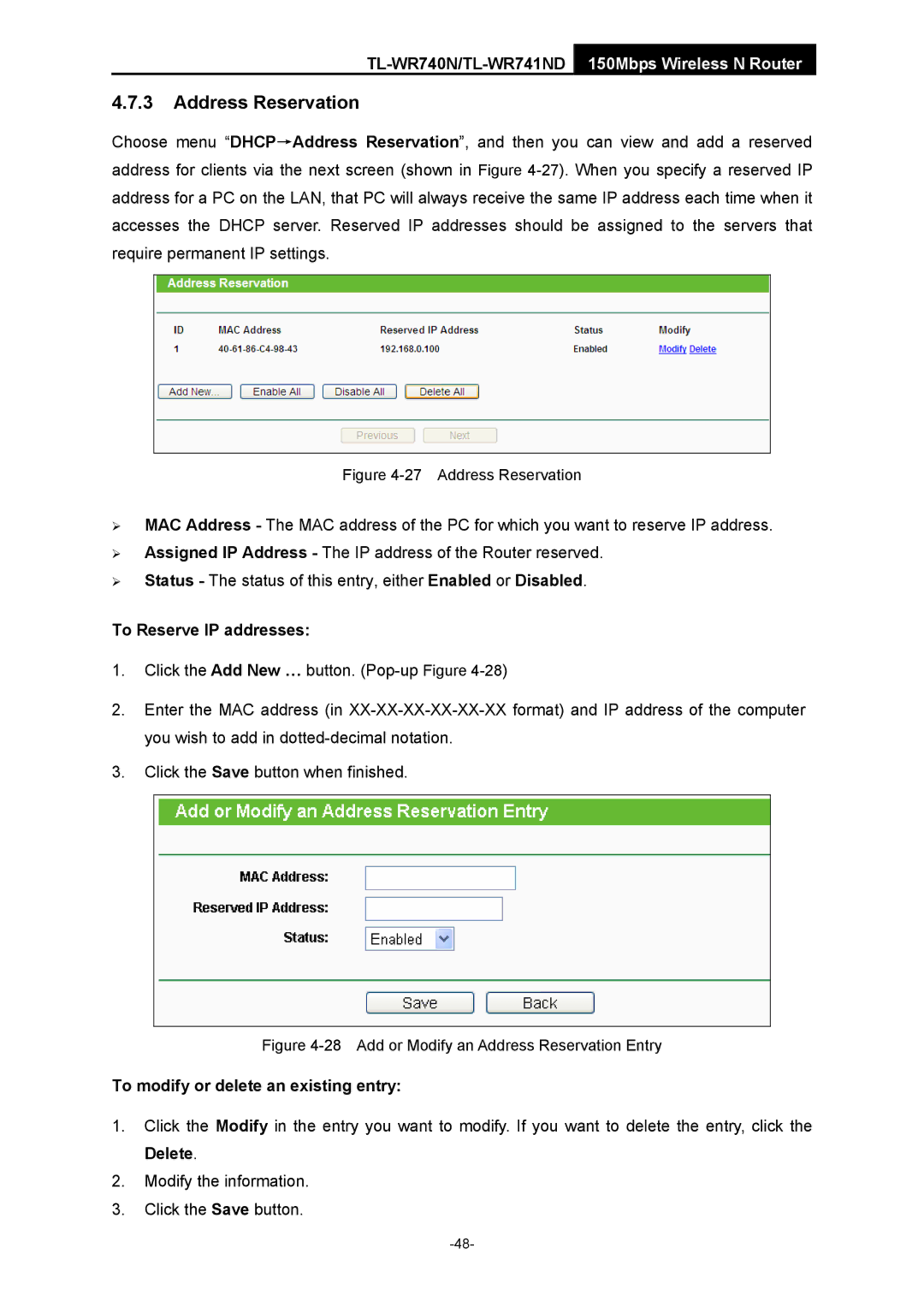 TP-Link TL-WR741ND manual Address Reservation, To Reserve IP addresses 