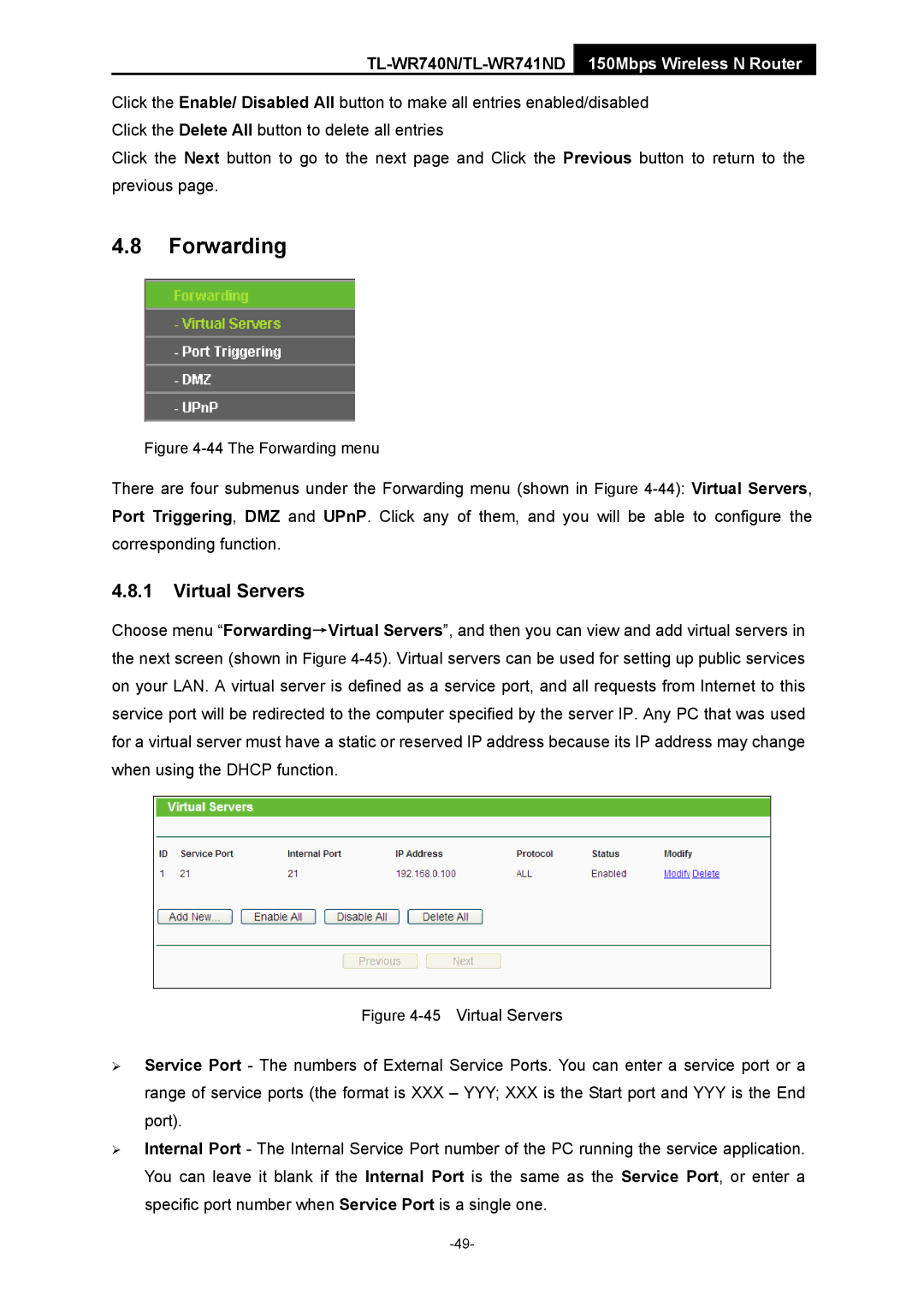 TP-Link TL-WR741ND manual Forwarding, Virtual Servers 