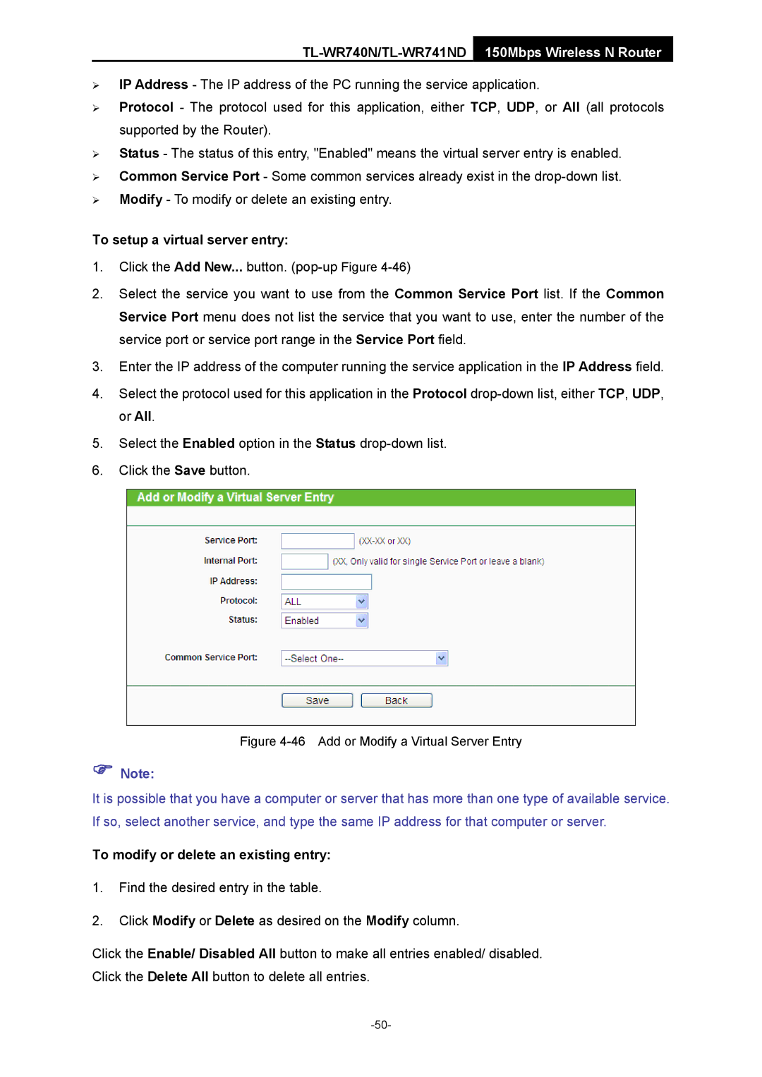 TP-Link TL-WR741ND manual To setup a virtual server entry, Add or Modify a Virtual Server Entry 