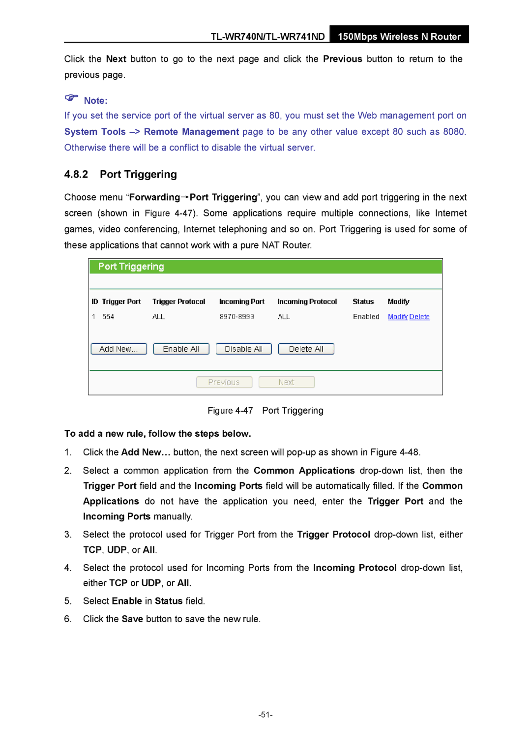 TP-Link TL-WR741ND manual Port Triggering, To add a new rule, follow the steps below 