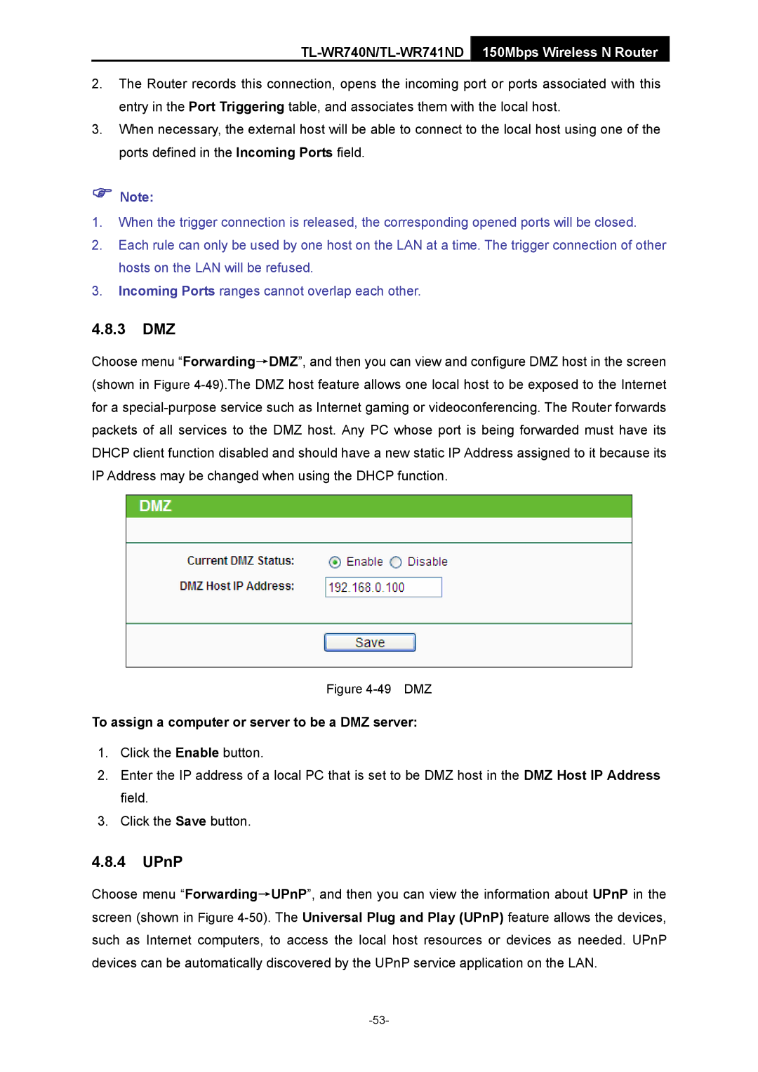 TP-Link TL-WR741ND manual 3 DMZ, UPnP, To assign a computer or server to be a DMZ server 