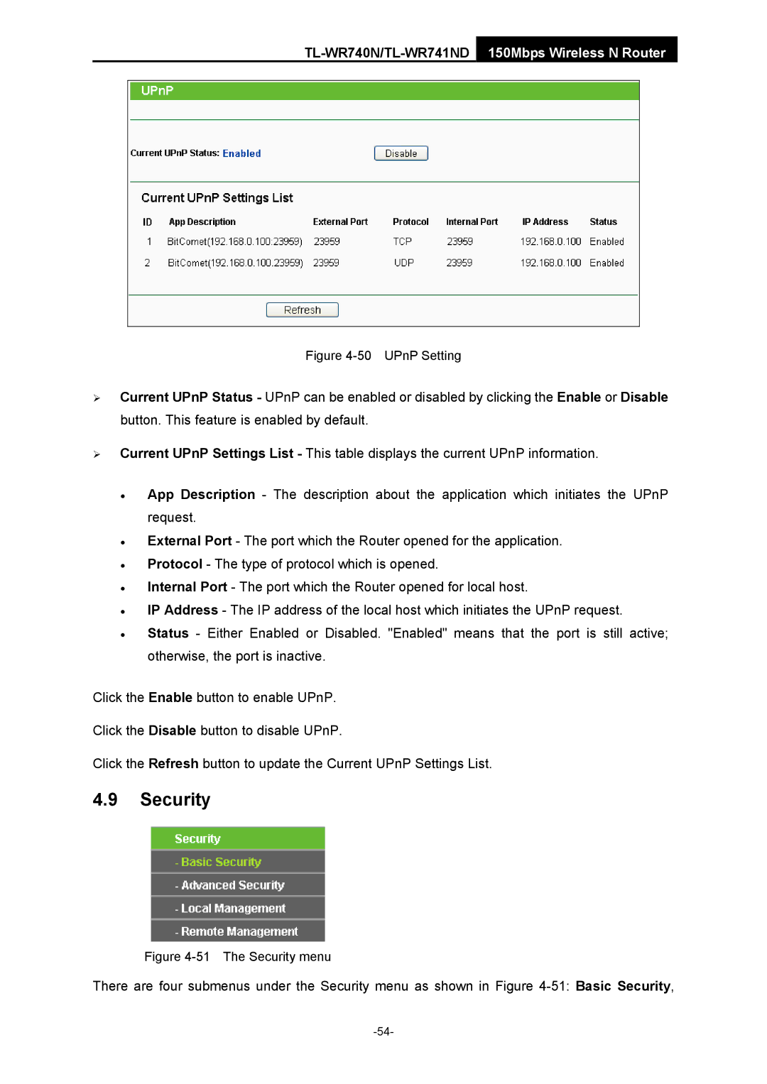 TP-Link TL-WR741ND manual Security, UPnP Setting 