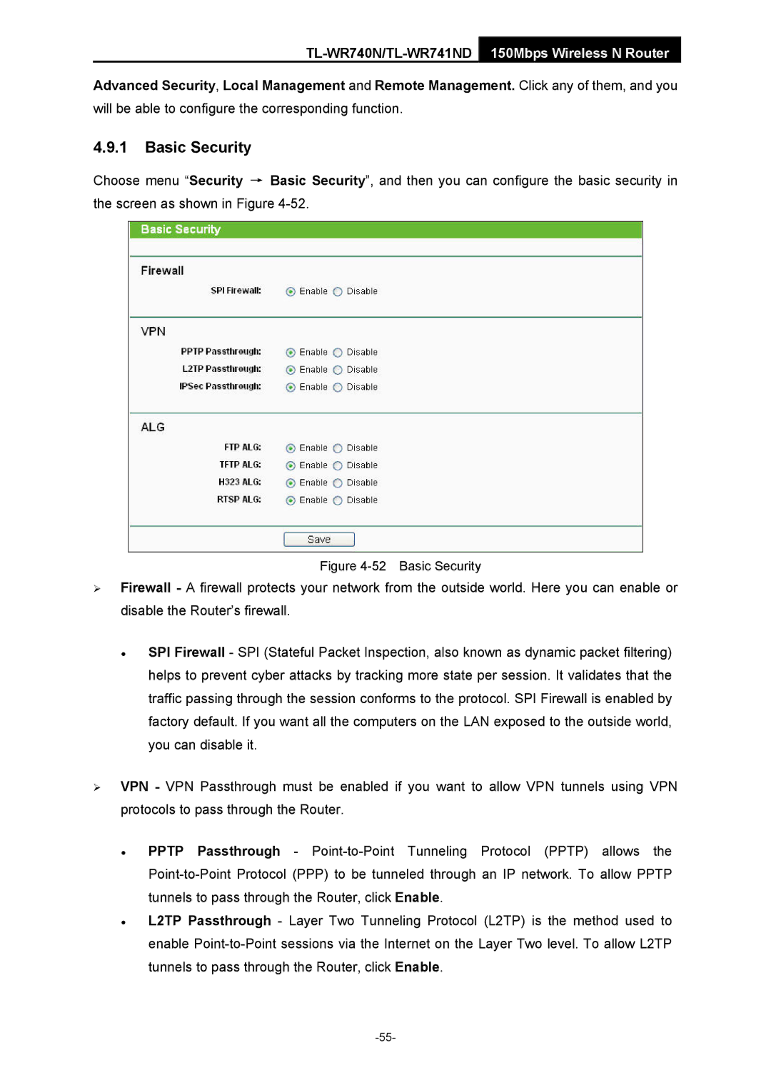 TP-Link TL-WR741ND manual Basic Security 