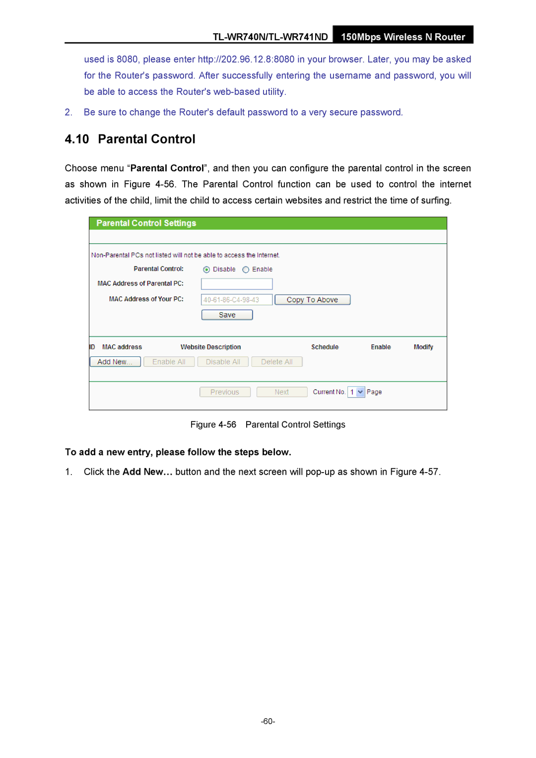 TP-Link TL-WR741ND manual Parental Control, To add a new entry, please follow the steps below 