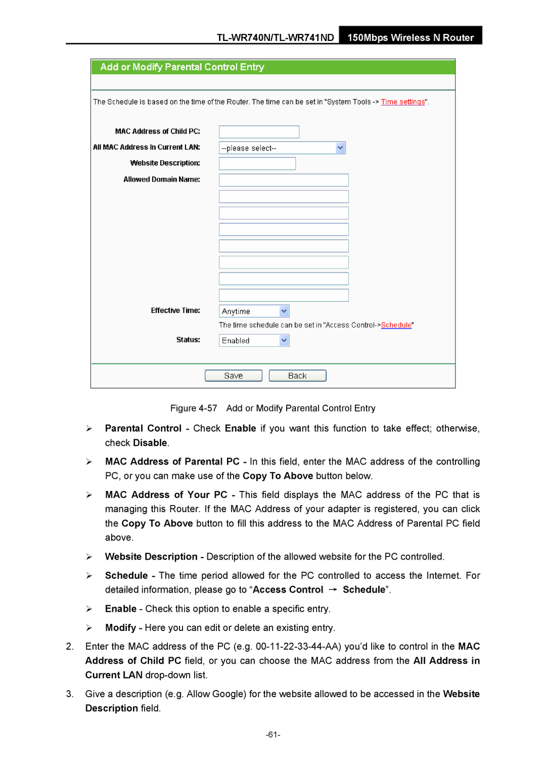 TP-Link TL-WR741ND manual Add or Modify Parental Control Entry 