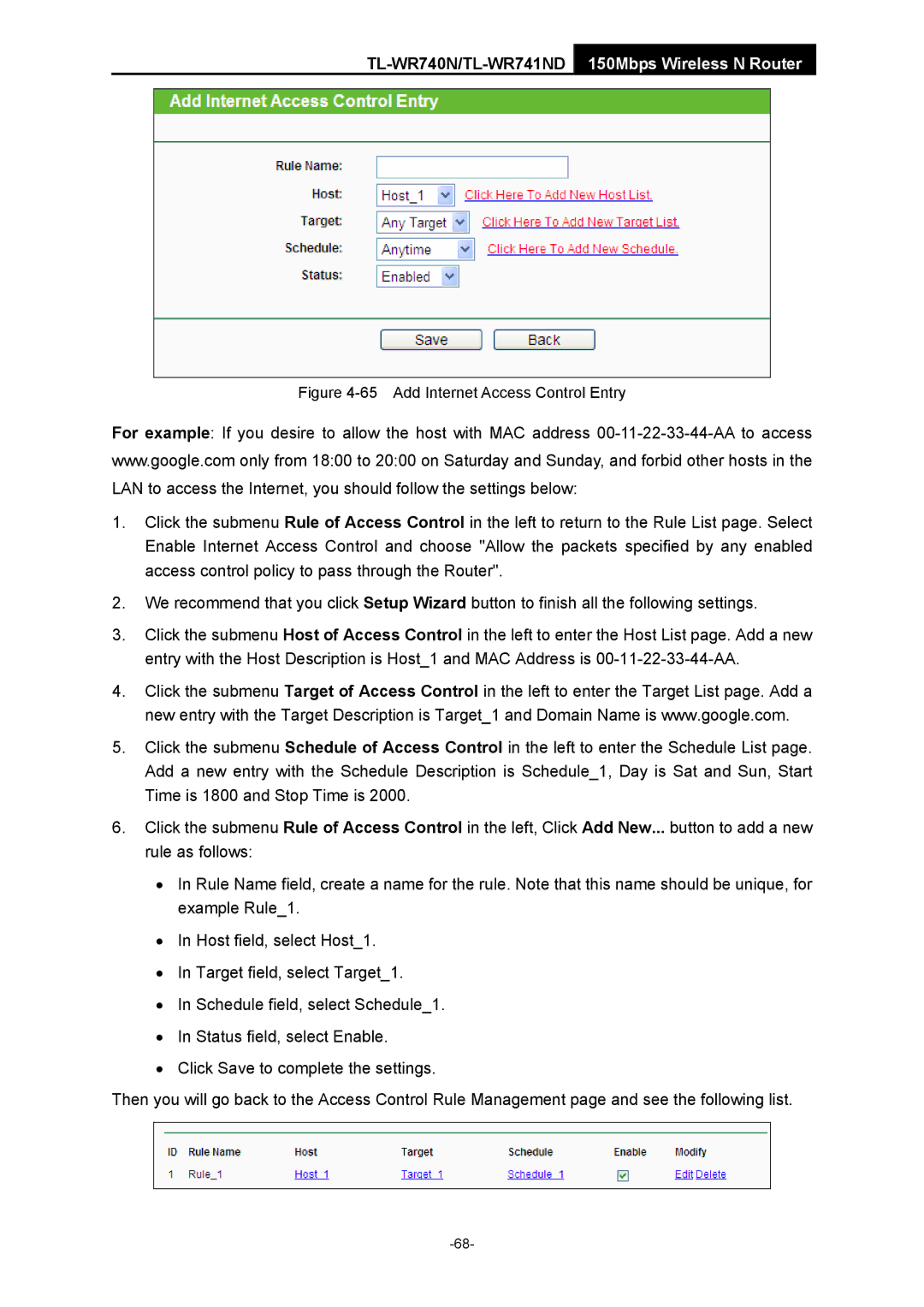 TP-Link TL-WR741ND manual Add Internet Access Control Entry 