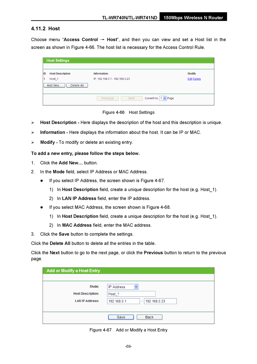 TP-Link TL-WR741ND manual Host Settings 