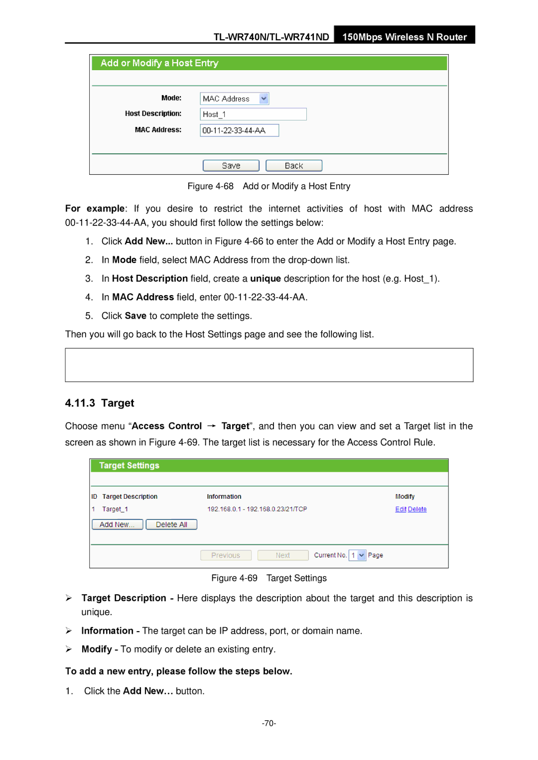 TP-Link TL-WR741ND manual Target, Add or Modify a Host Entry 