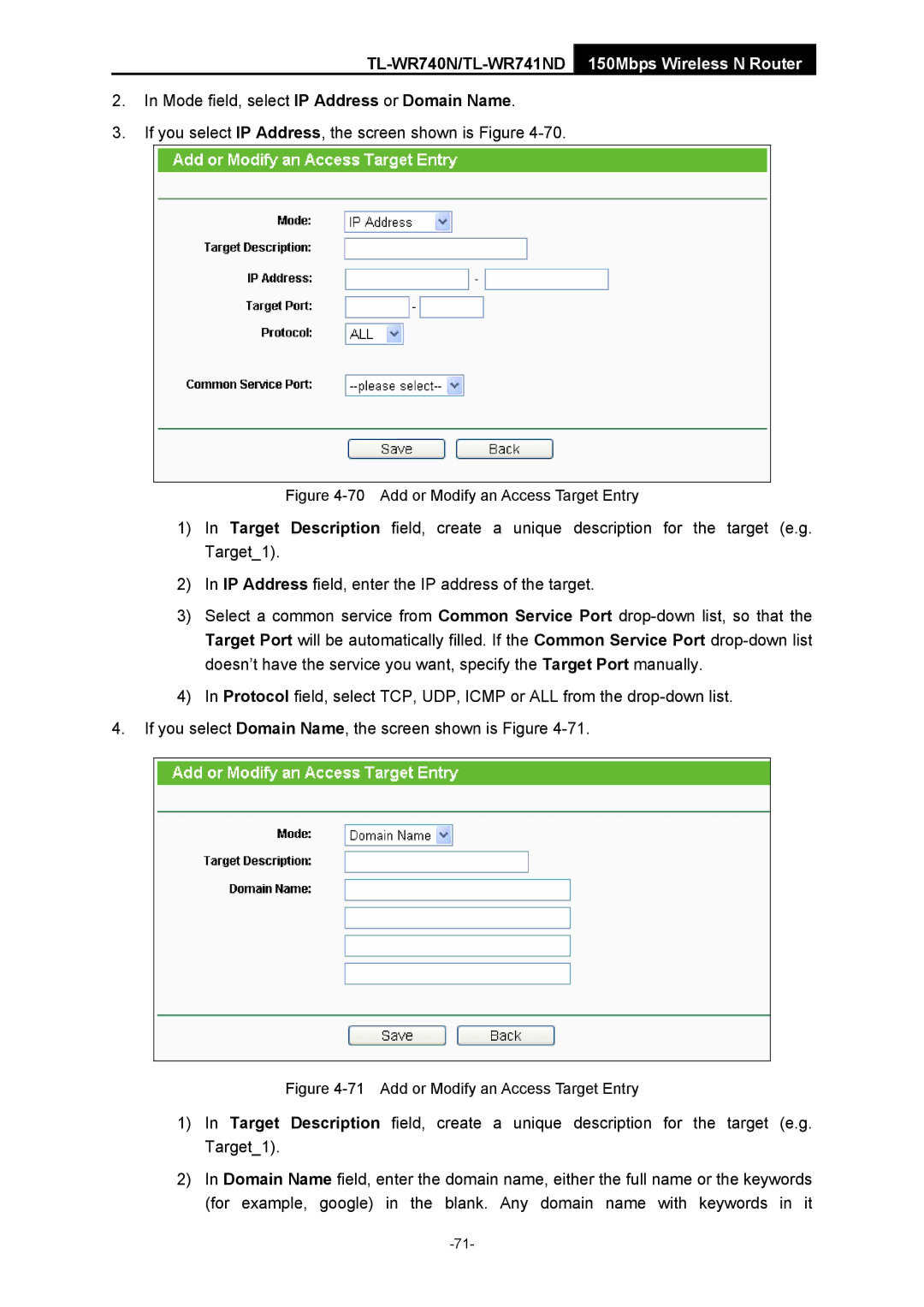 TP-Link TL-WR741ND manual Add or Modify an Access Target Entry 