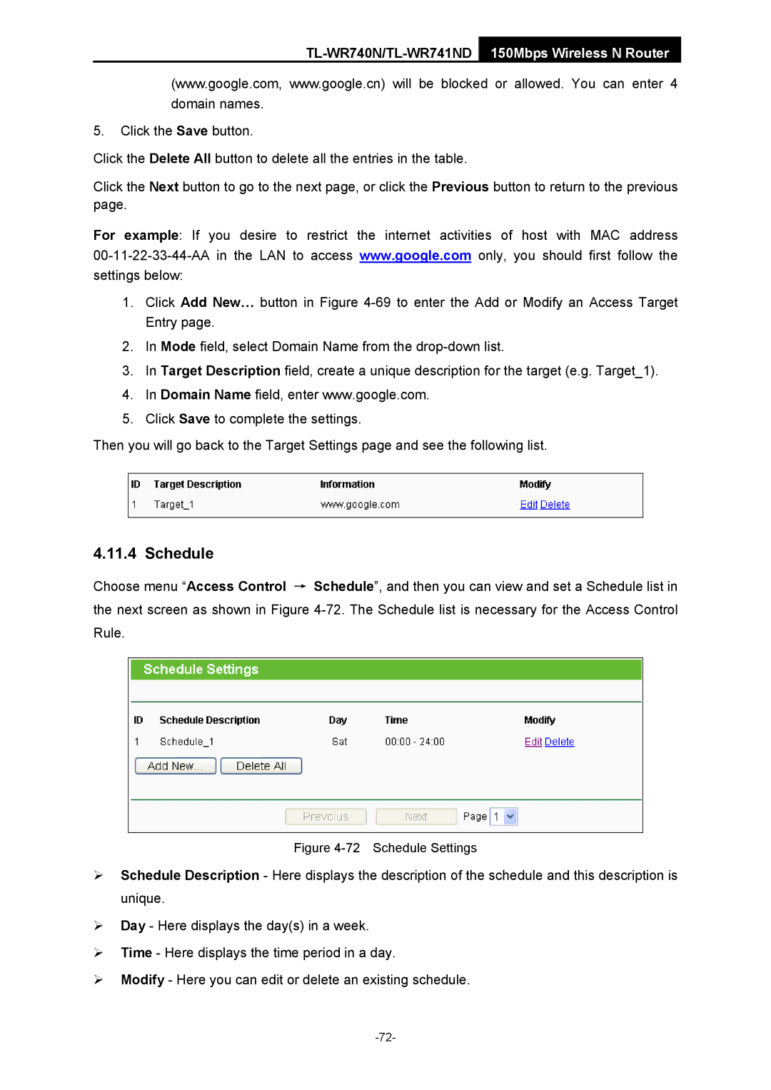 TP-Link TL-WR741ND manual Schedule Settings 