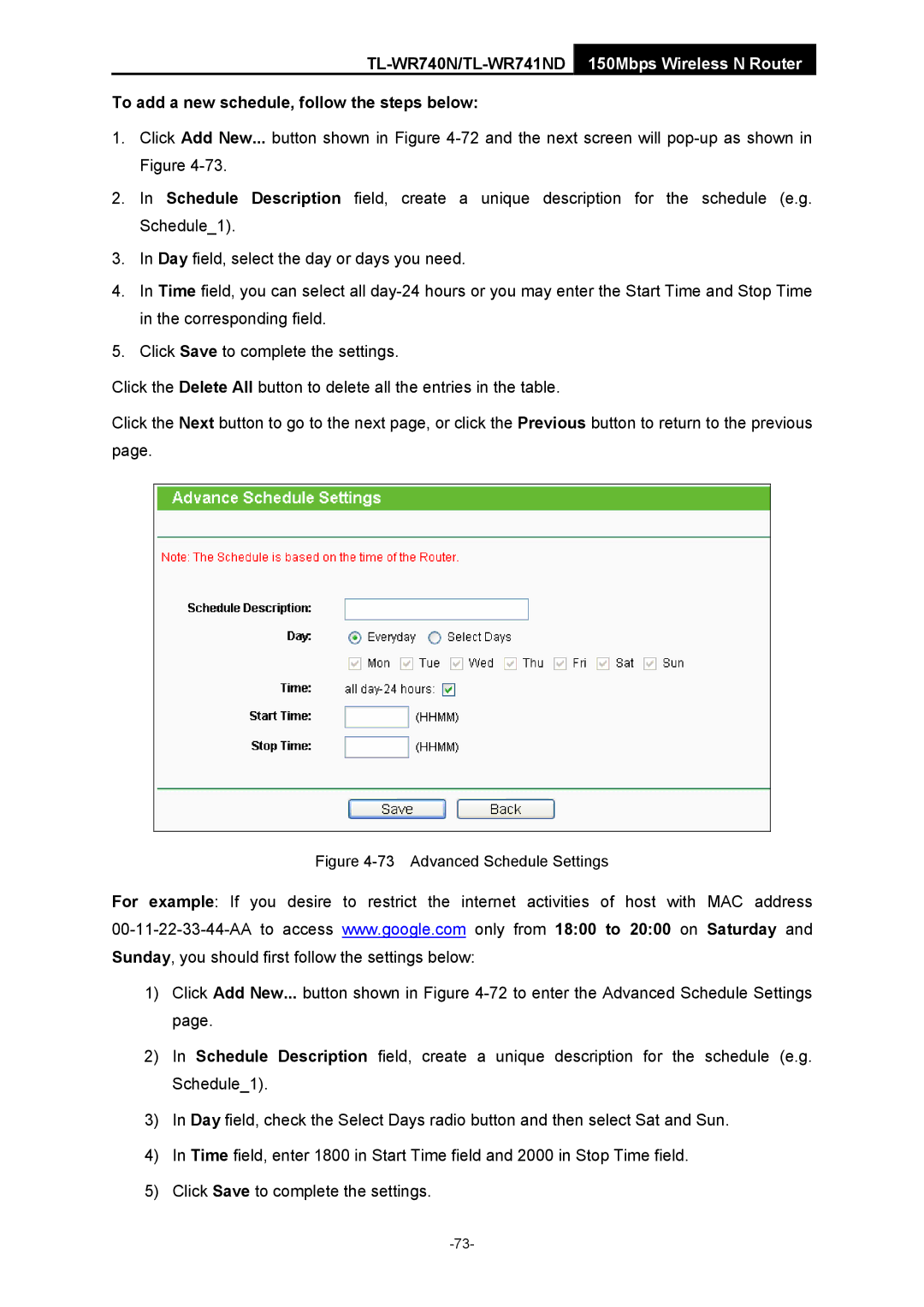 TP-Link TL-WR741ND manual To add a new schedule, follow the steps below, Advanced Schedule Settings 