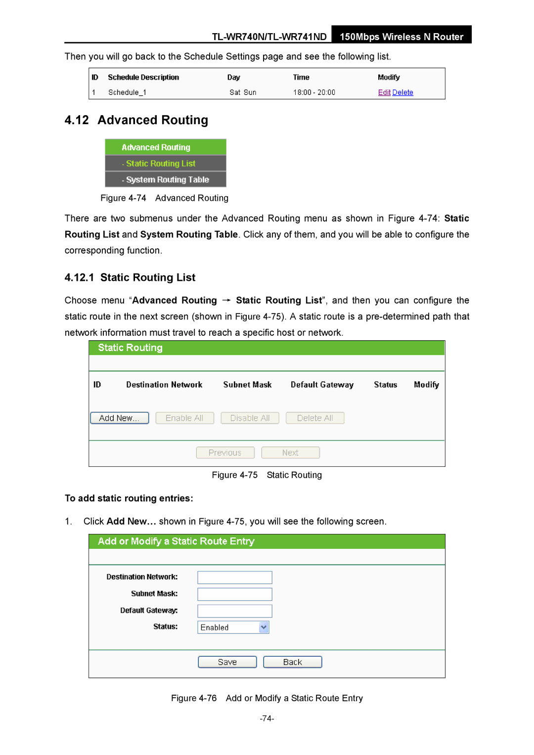 TP-Link TL-WR741ND manual Advanced Routing, Static Routing List, To add static routing entries 