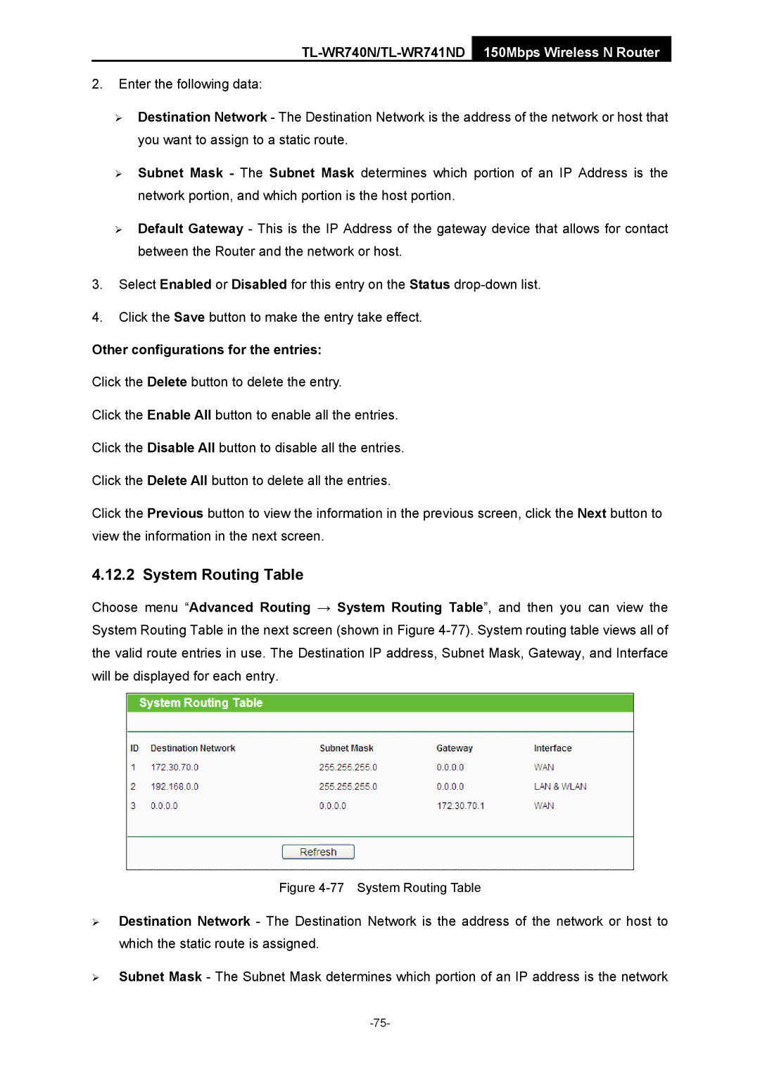 TP-Link TL-WR741ND manual System Routing Table, Other configurations for the entries 