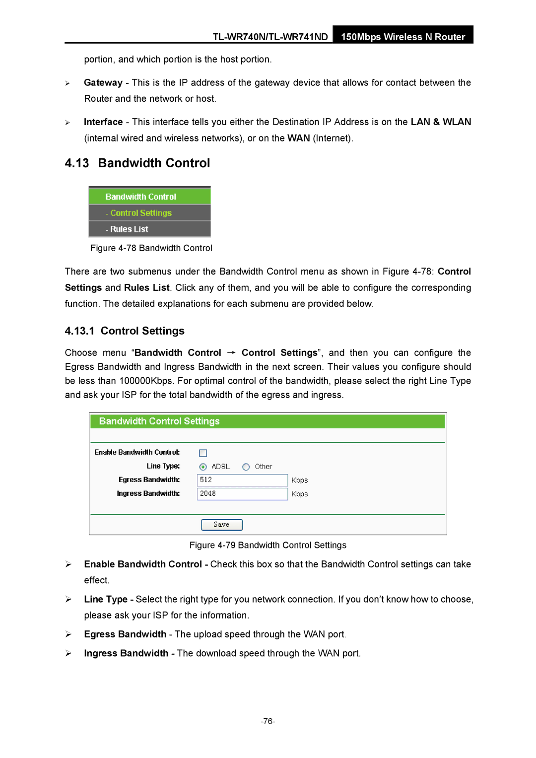 TP-Link TL-WR741ND manual Bandwidth Control, Control Settings 