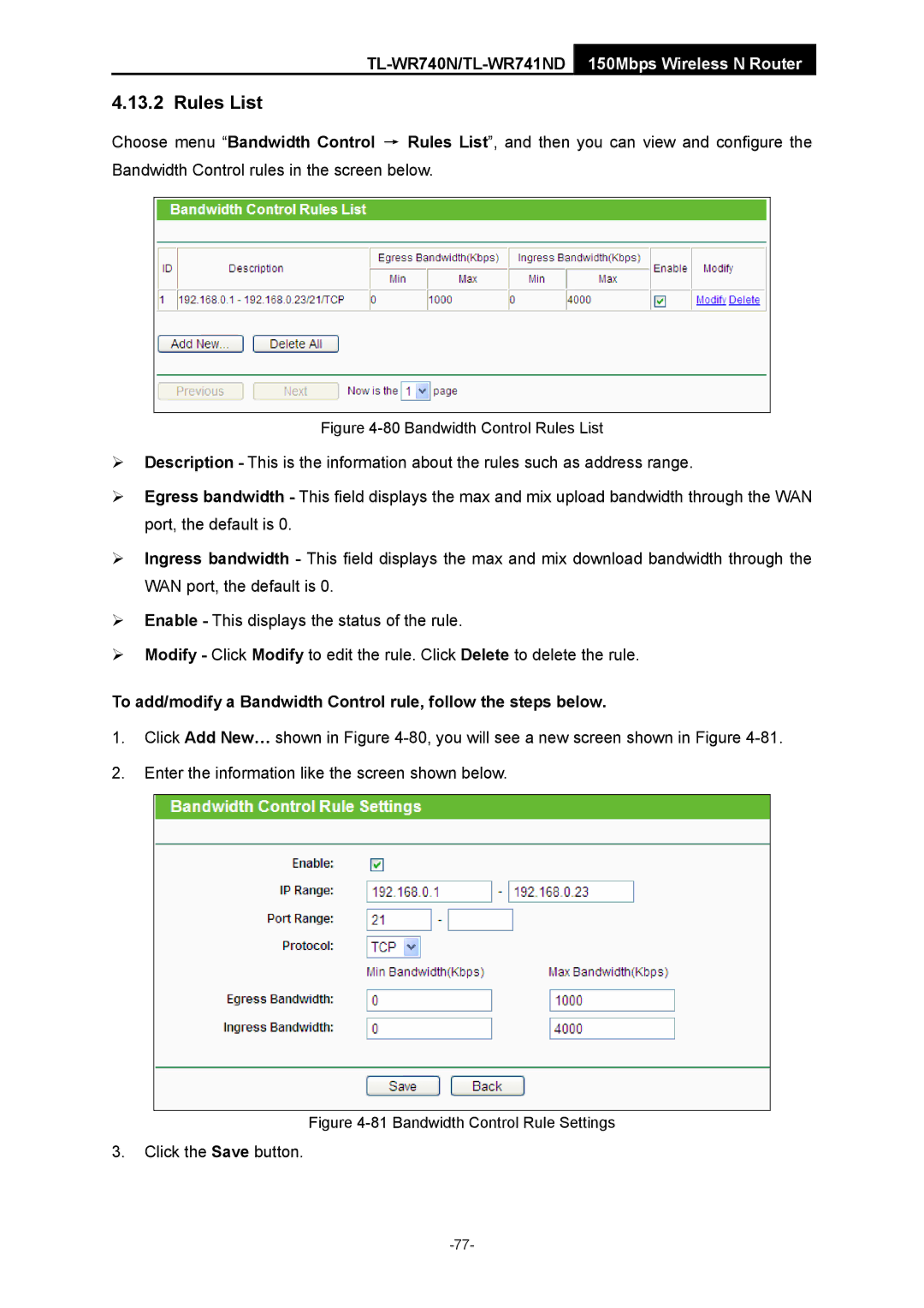 TP-Link TL-WR741ND manual Bandwidth Control Rules List 