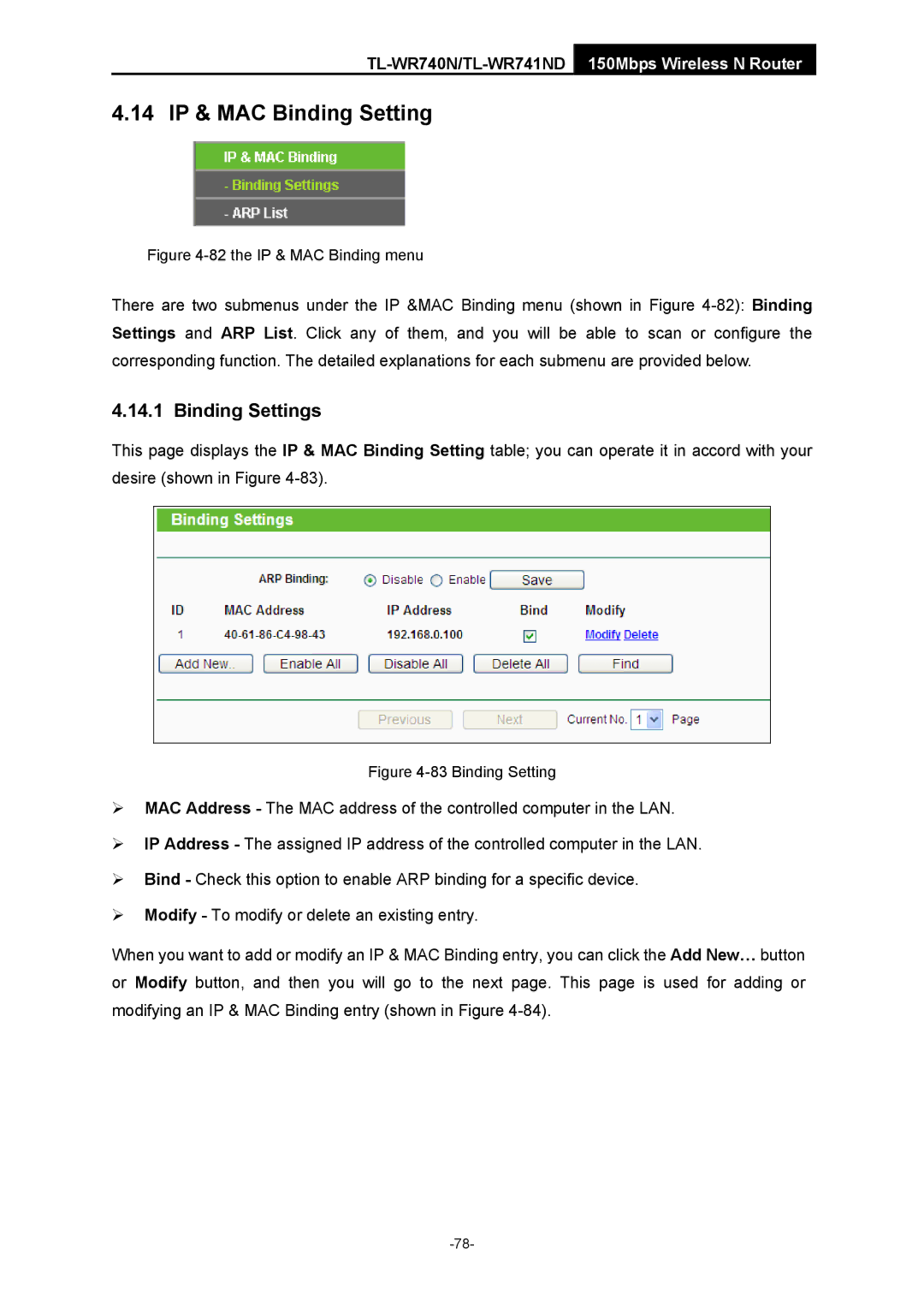 TP-Link TL-WR741ND manual 14 IP & MAC Binding Setting, Binding Settings 