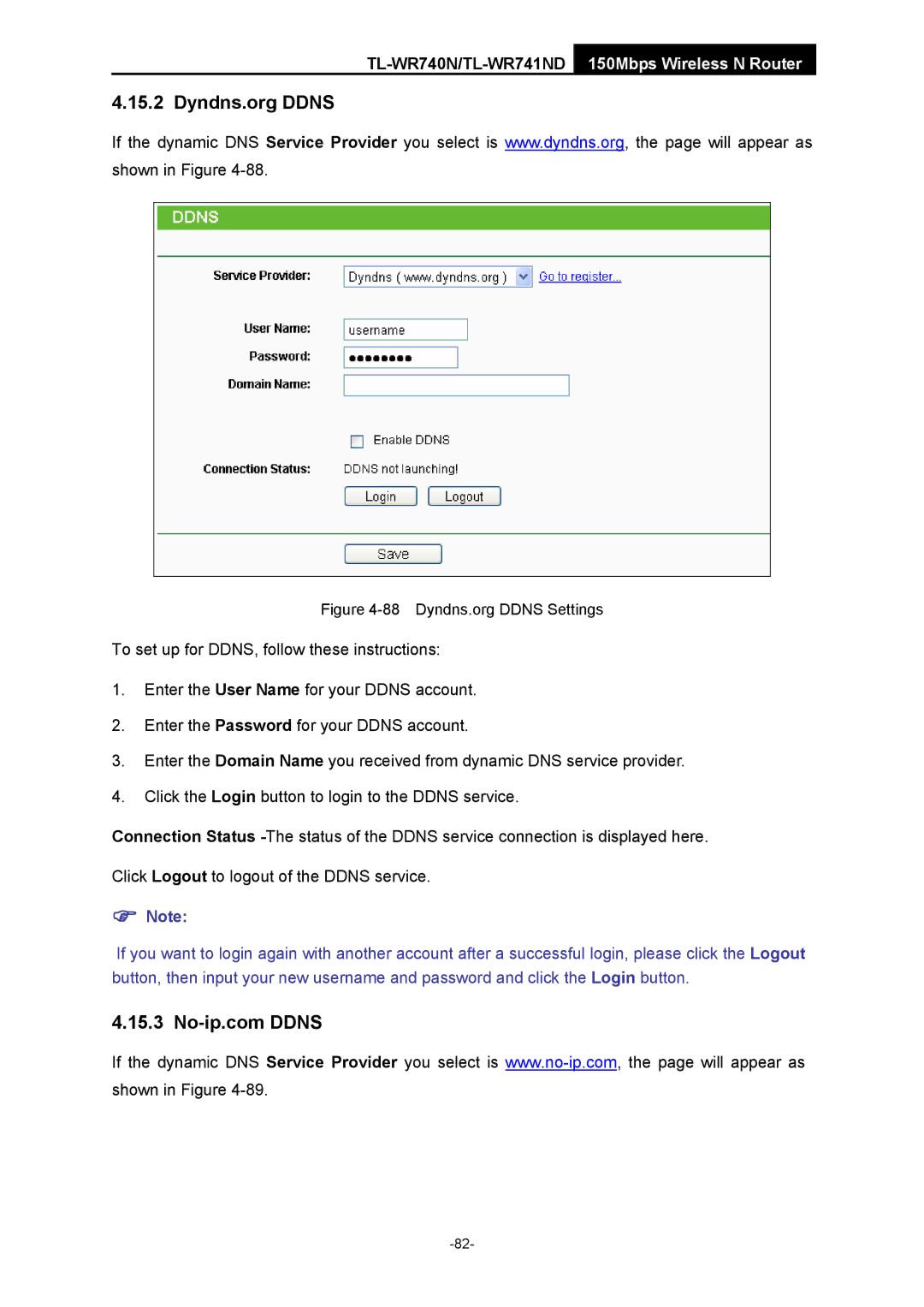 TP-Link TL-WR741ND manual Dyndns.org Ddns Settings 