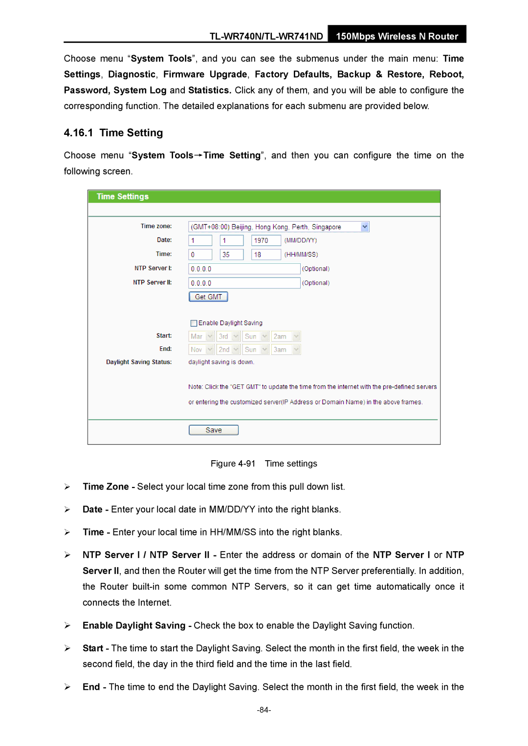 TP-Link TL-WR741ND manual Time Setting, Time settings 