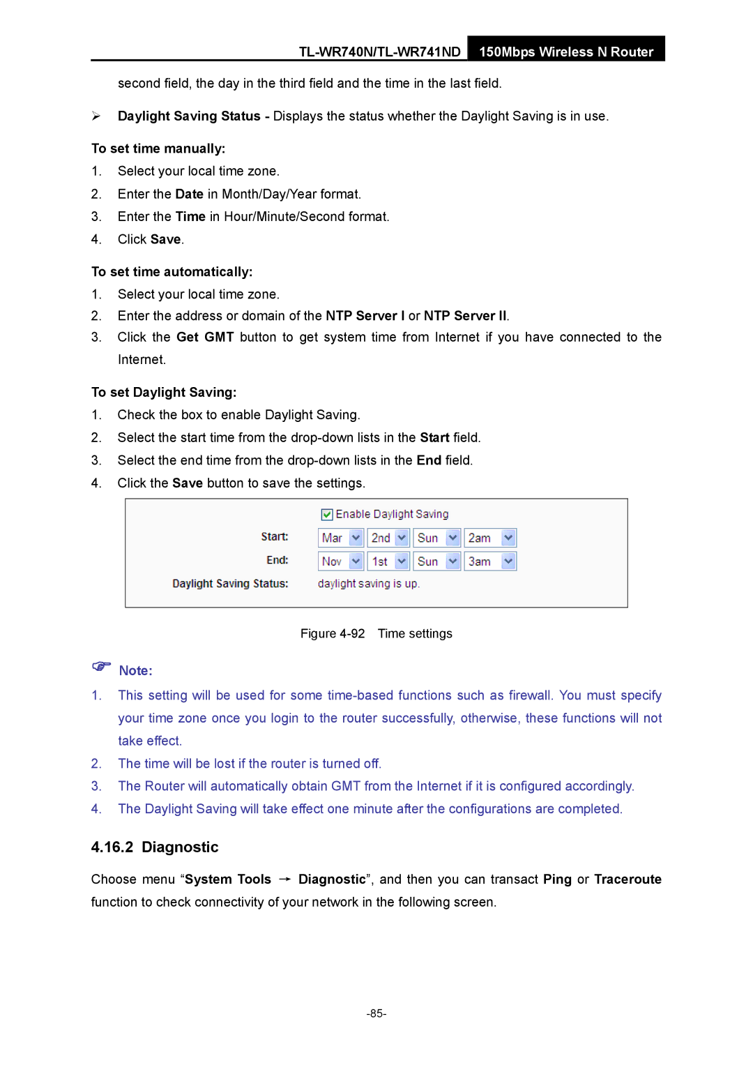 TP-Link TL-WR741ND Diagnostic, To set time manually, To set time automatically, To set Daylight Saving 