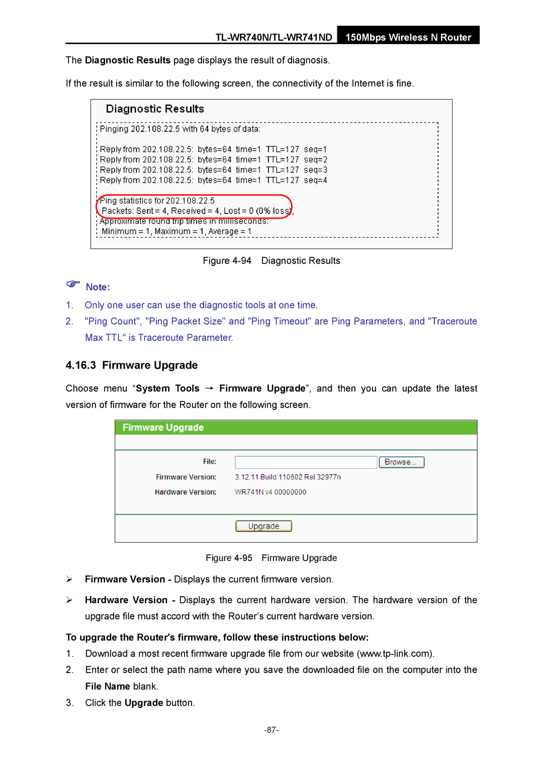 TP-Link TL-WR741ND manual Firmware Upgrade, Diagnostic Results 