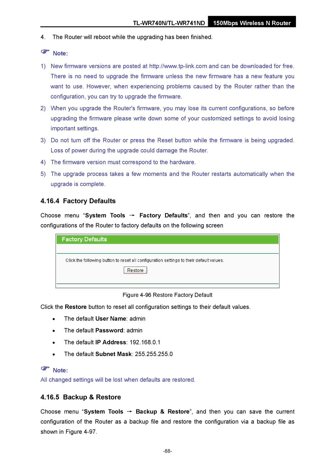 TP-Link TL-WR741ND manual Factory Defaults, Backup & Restore 