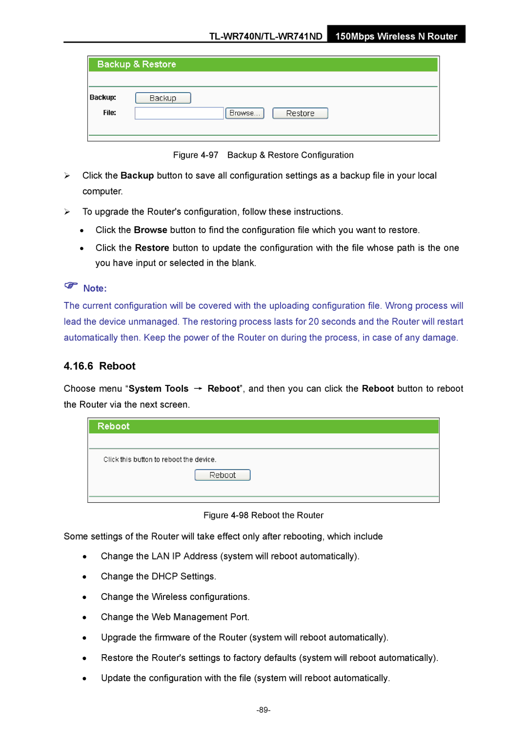 TP-Link TL-WR741ND manual Reboot, Backup & Restore Configuration 