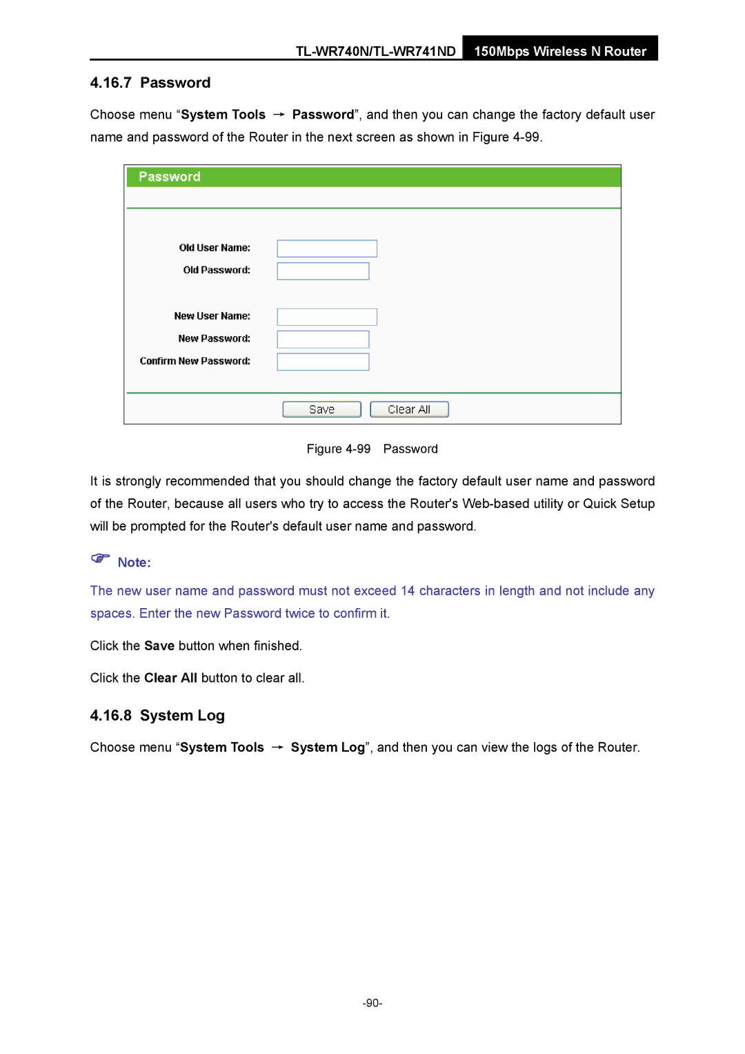 TP-Link TL-WR741ND manual Password, System Log 