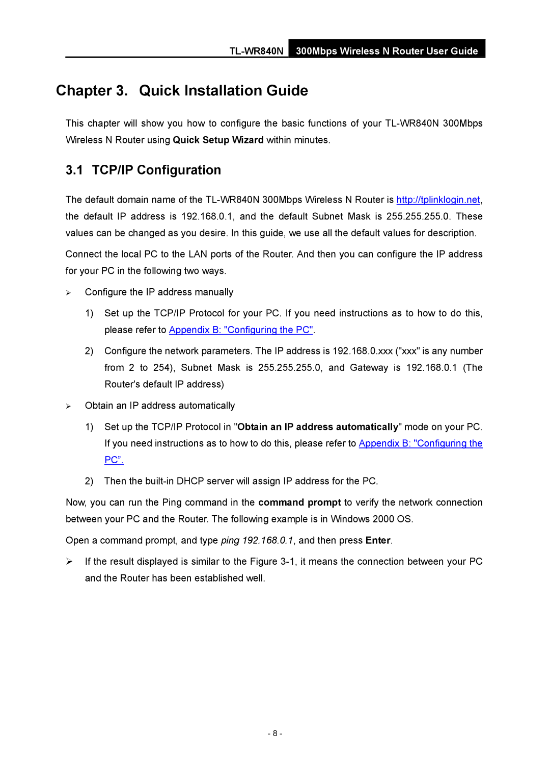 TP-Link TL-WR840N manual Quick Installation Guide, TCP/IP Configuration 