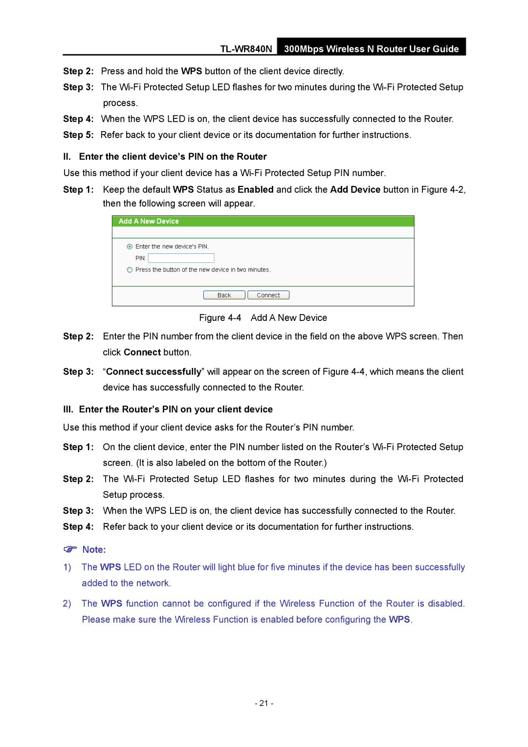 TP-Link TL-WR840N manual II. Enter the client device’s PIN on the Router, III. Enter the Router’s PIN on your client device 