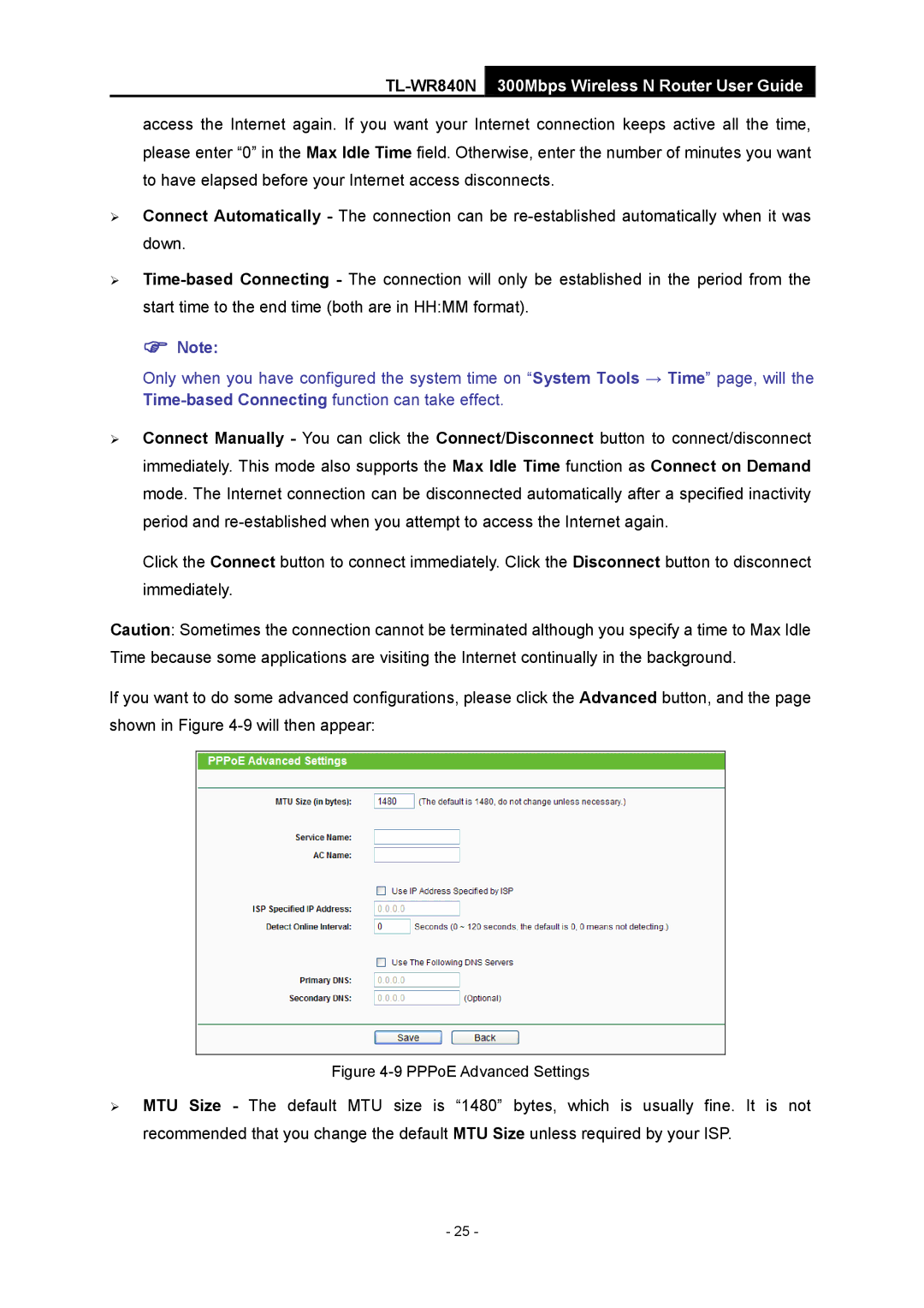 TP-Link TL-WR840N manual PPPoE Advanced Settings 