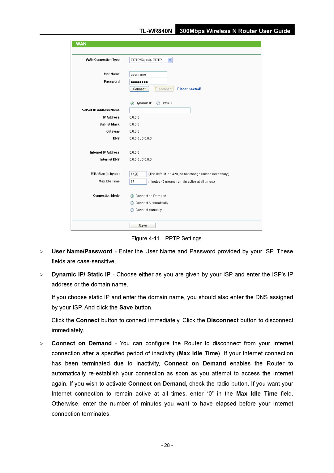 TP-Link TL-WR840N manual Pptp Settings 