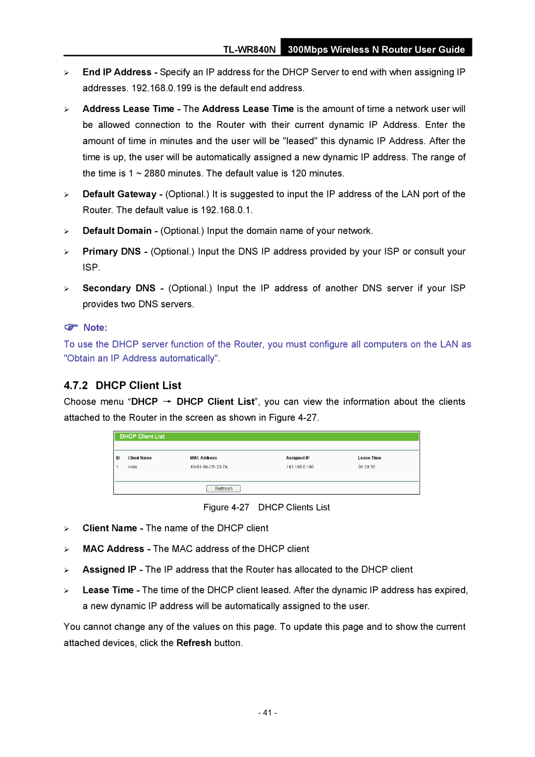 TP-Link TL-WR840N manual Dhcp Client List, Dhcp Clients List 