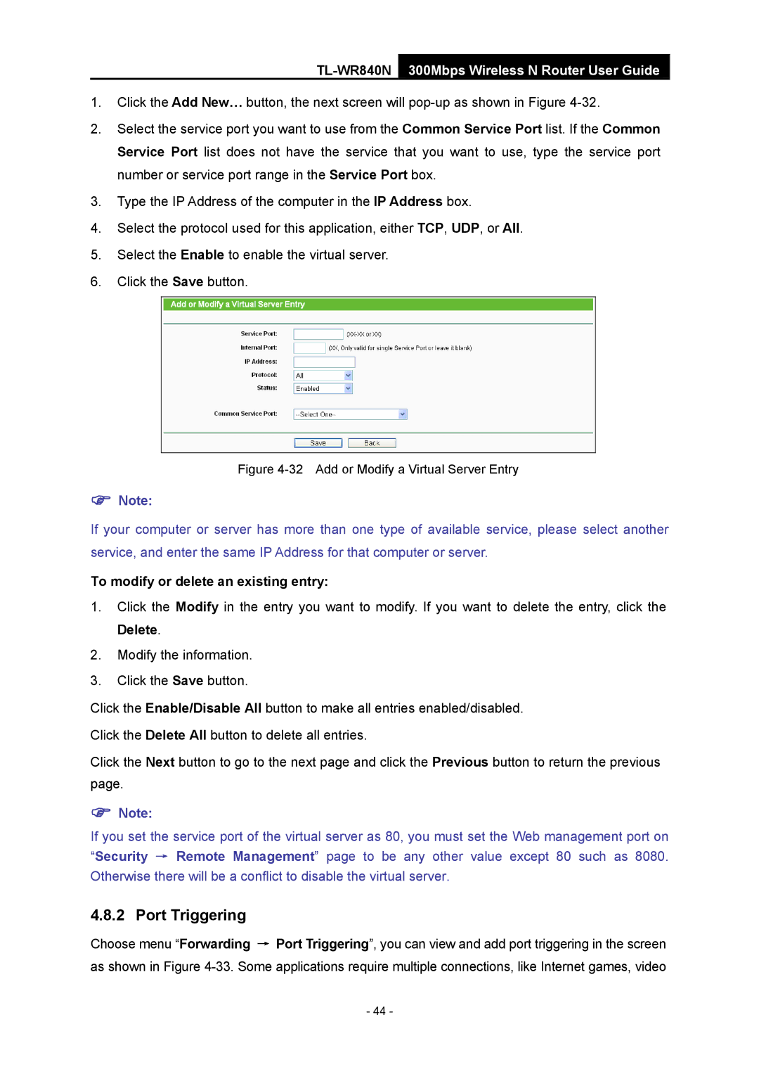 TP-Link TL-WR840N manual Port Triggering, Add or Modify a Virtual Server Entry 