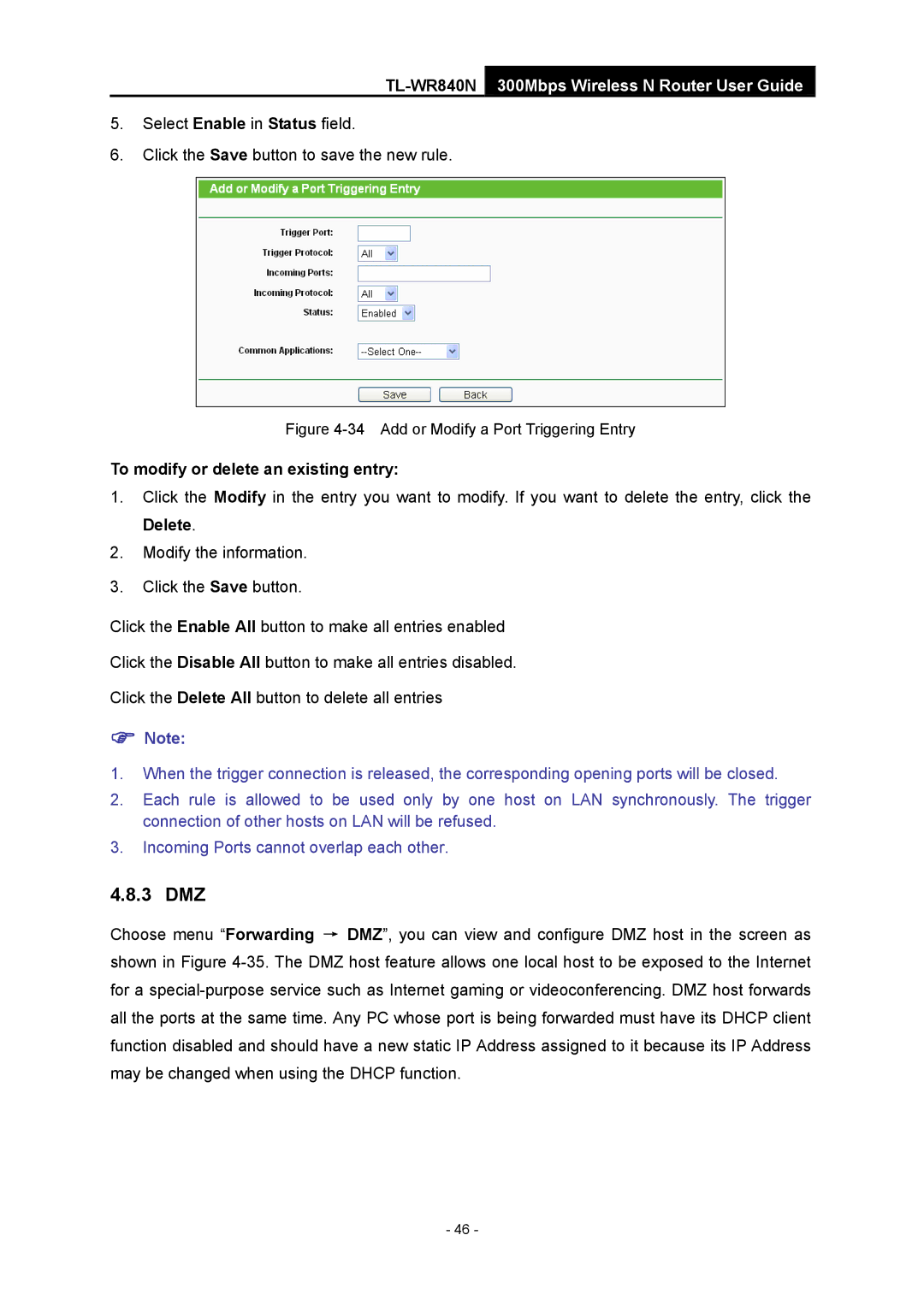 TP-Link TL-WR840N manual 3 DMZ, Add or Modify a Port Triggering Entry 