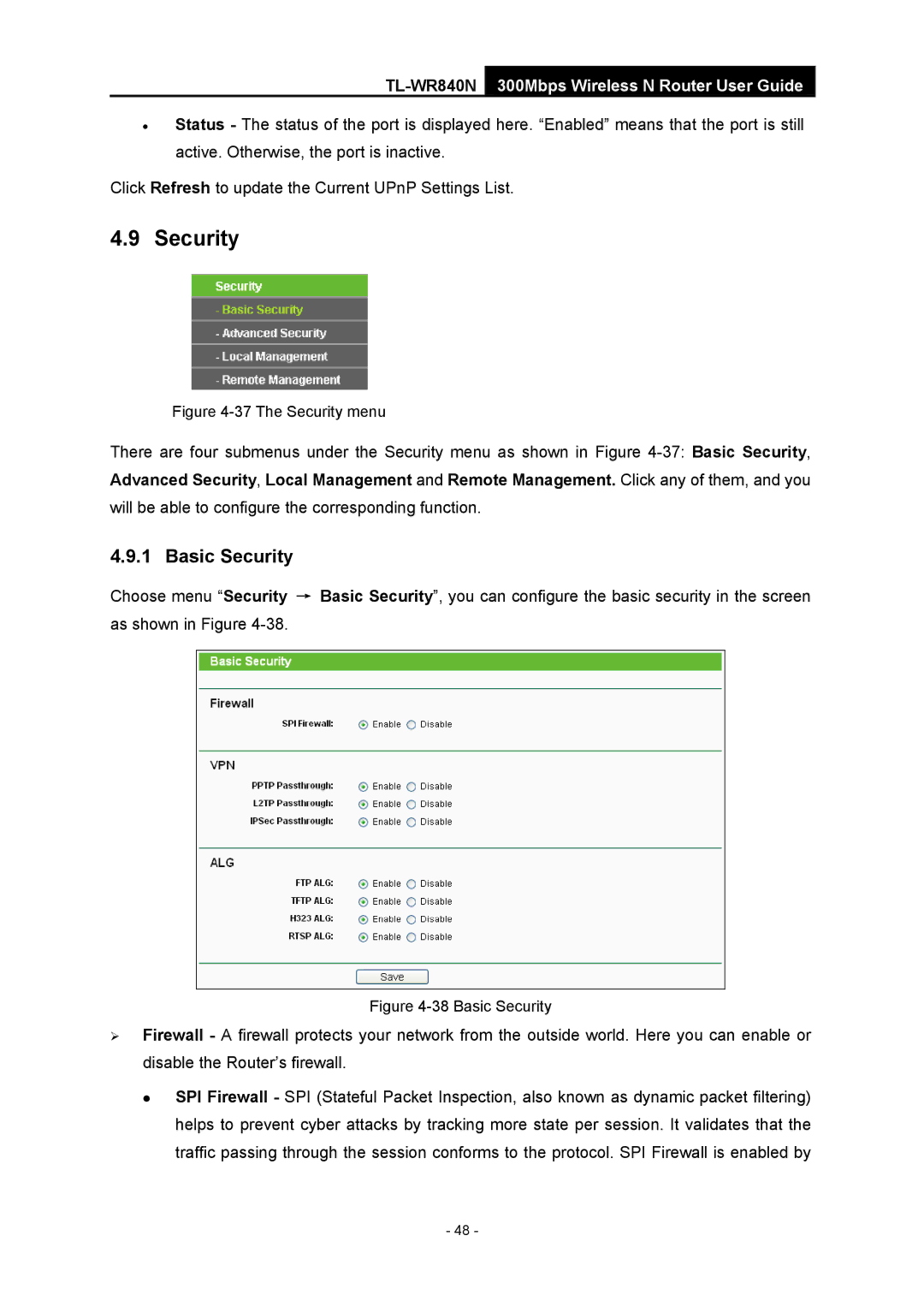 TP-Link TL-WR840N manual Basic Security 