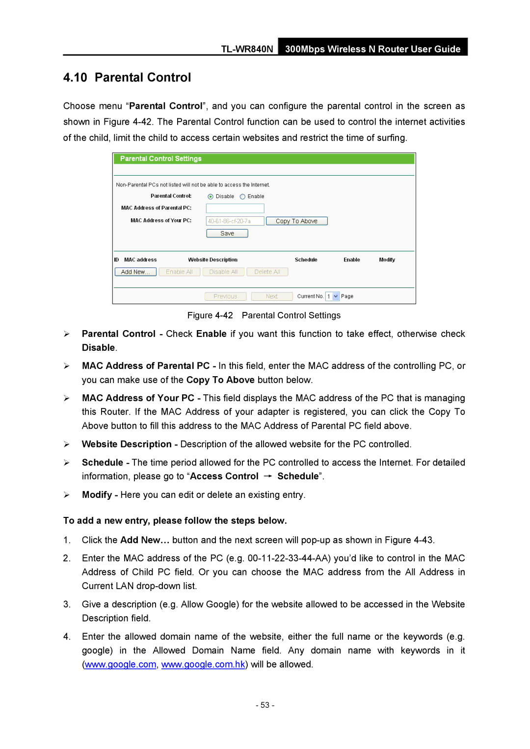 TP-Link TL-WR840N manual Parental Control, To add a new entry, please follow the steps below 