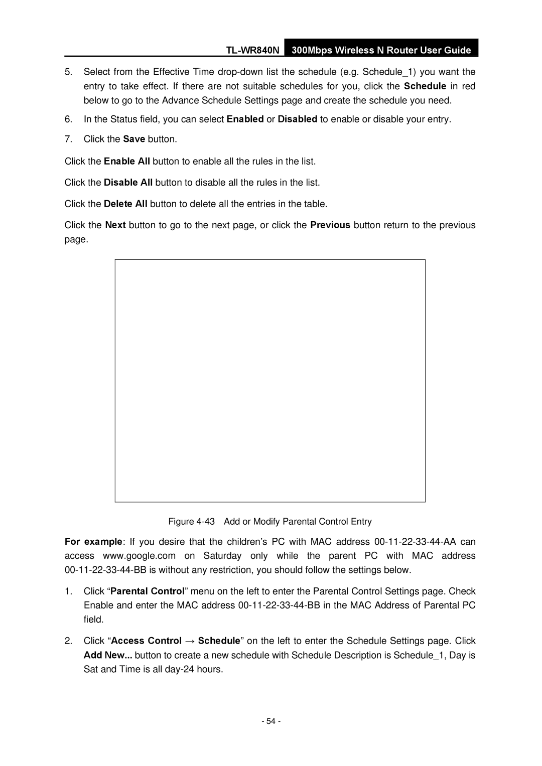 TP-Link TL-WR840N manual Add or Modify Parental Control Entry 