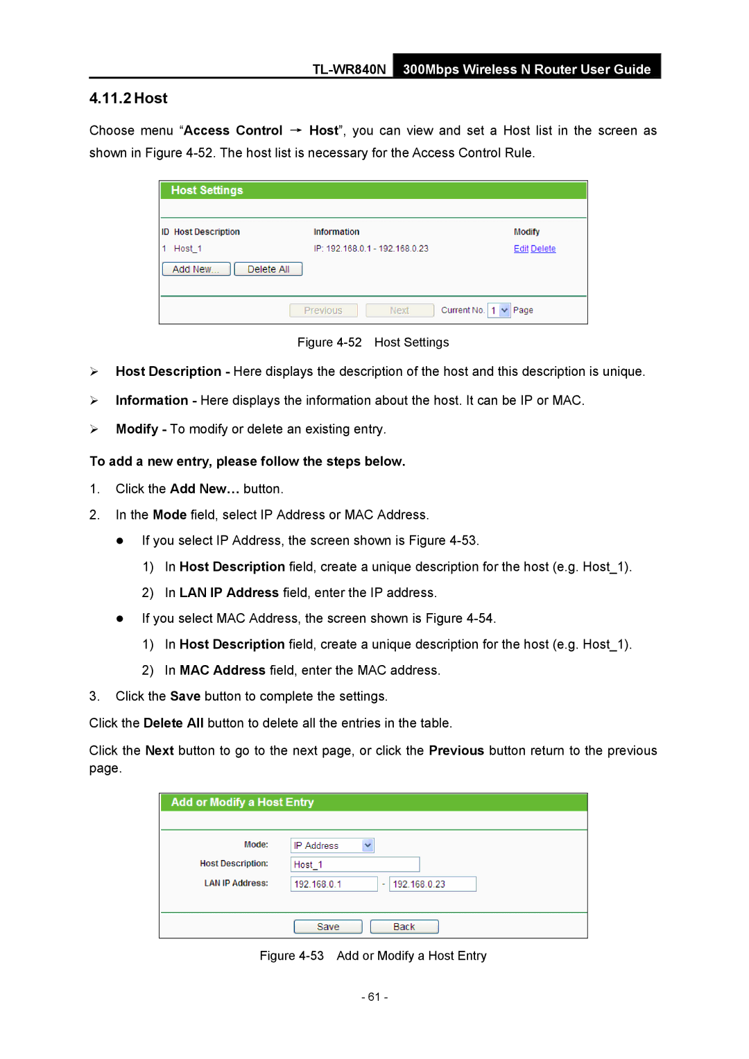 TP-Link TL-WR840N manual Host Settings 