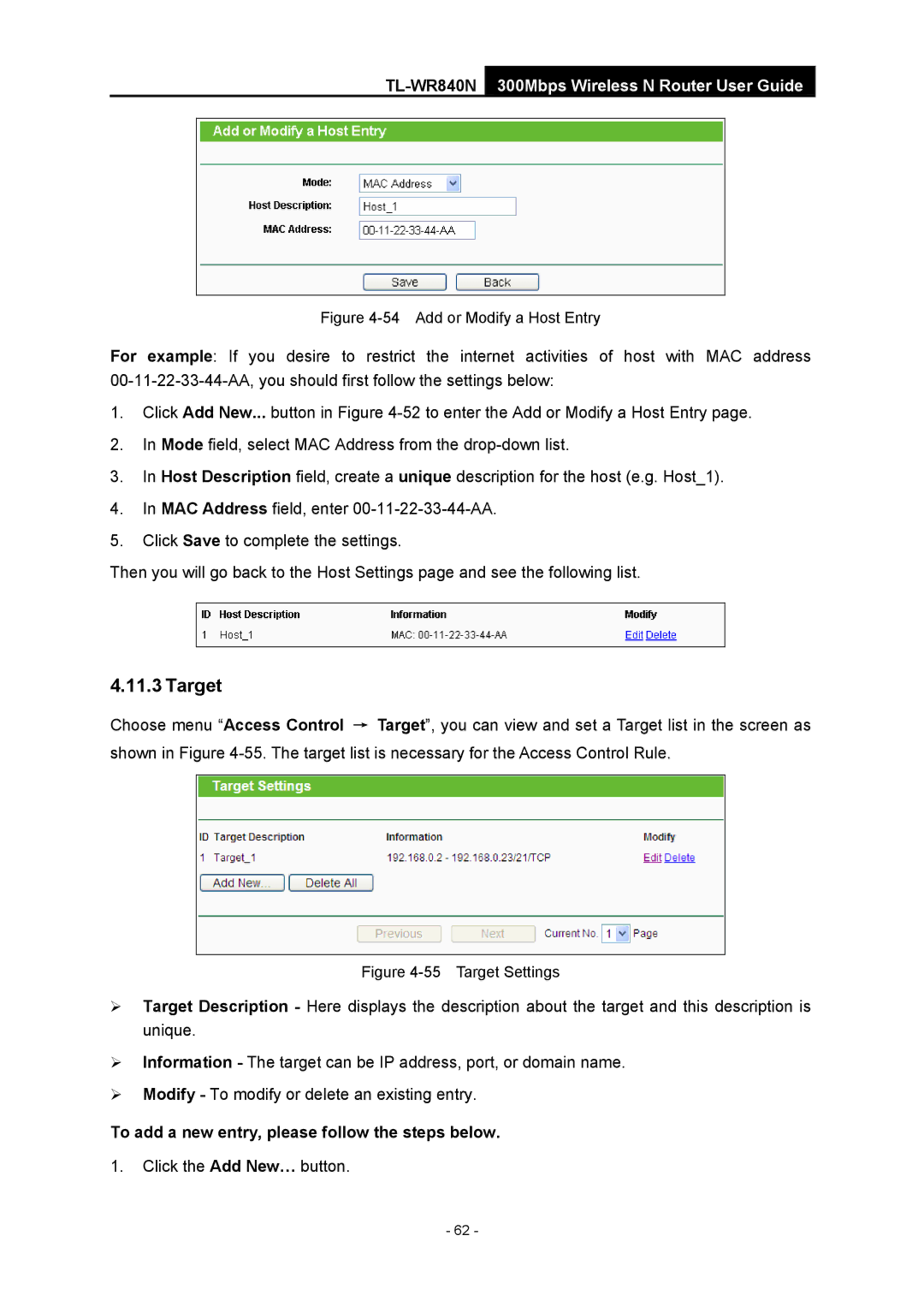 TP-Link TL-WR840N manual Target, Add or Modify a Host Entry 