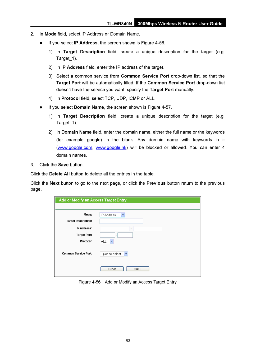 TP-Link TL-WR840N manual Add or Modify an Access Target Entry 