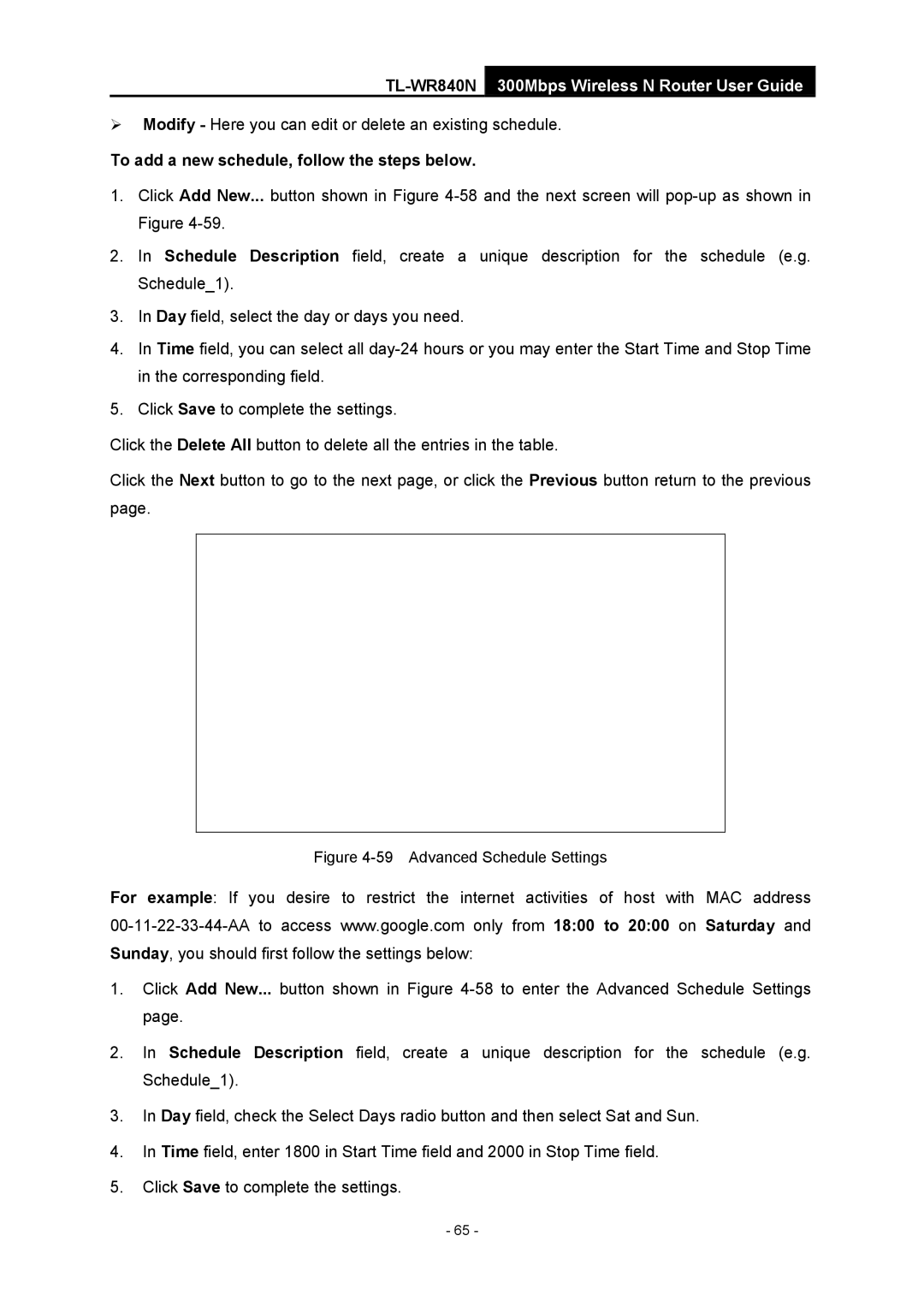 TP-Link TL-WR840N manual To add a new schedule, follow the steps below, Advanced Schedule Settings 