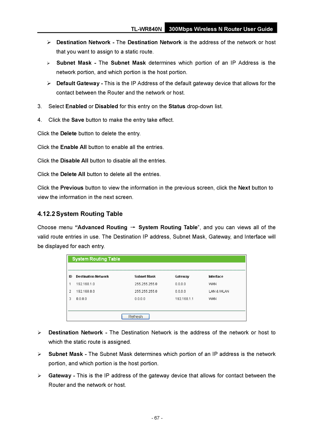 TP-Link TL-WR840N manual System Routing Table 